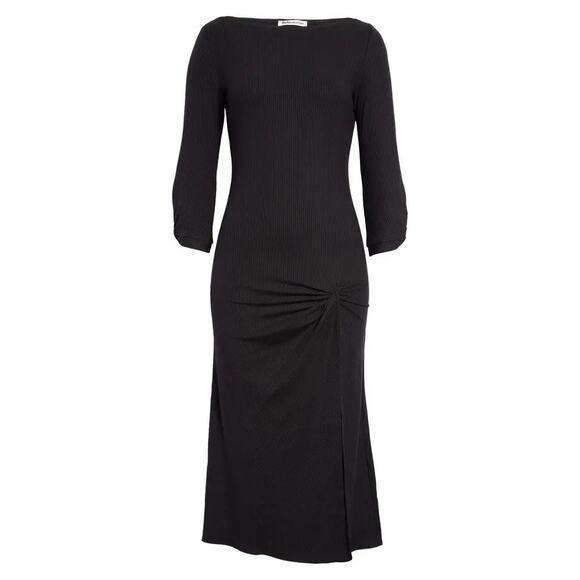 Reformation Belmont Black Ribbed Knit Gathered 3/4 Sleeve Midi Dress Size M NWT - Picture 2 of 7